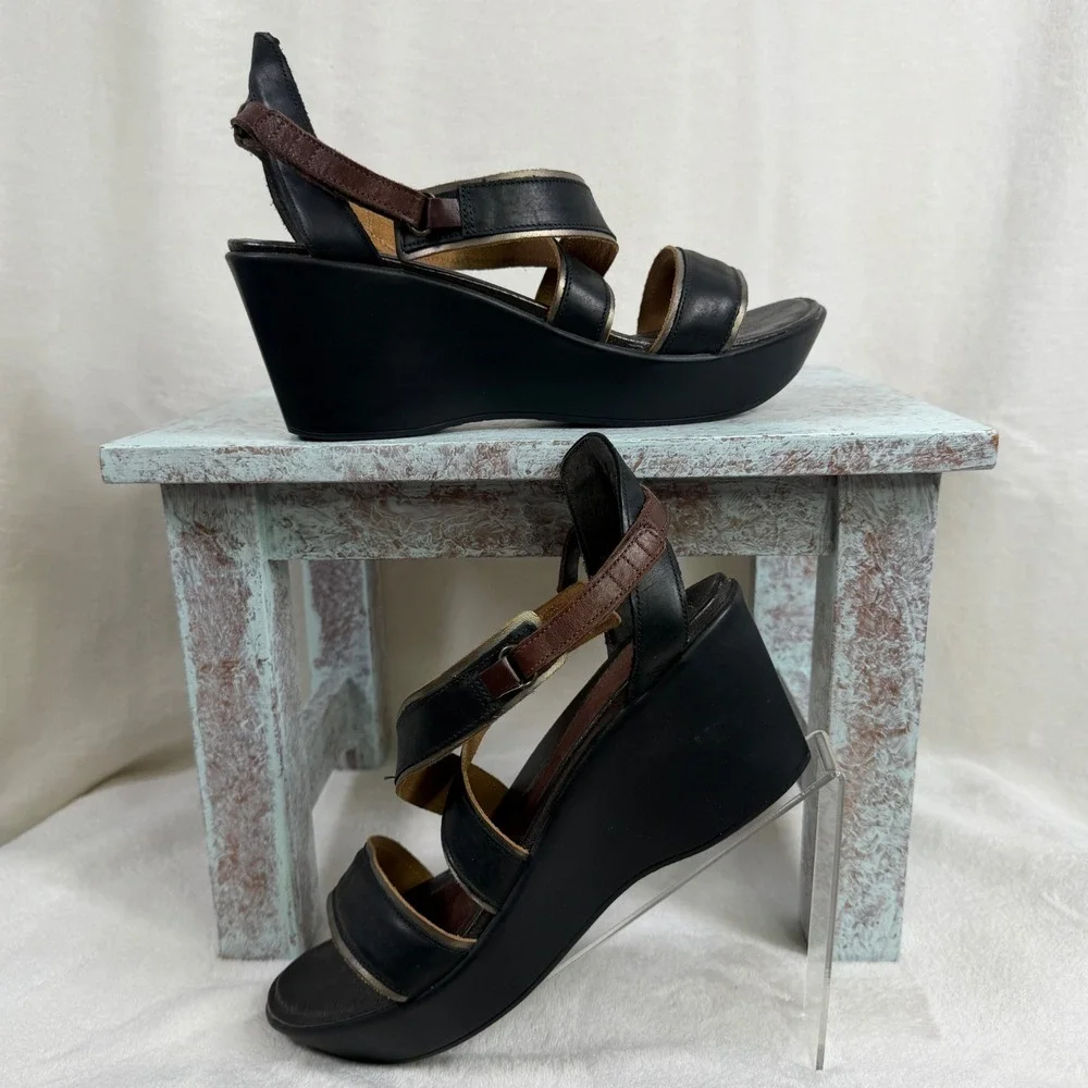 Naot Wedge Sandals Women‎ 42 Black Brown Leather Strappy Platform Comfort Shoes